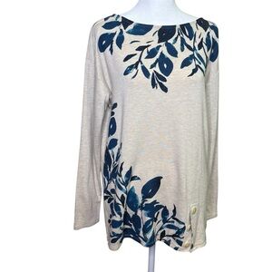 J.Jill Blouse Rayon Cotton Spandex Blue Cream S Floral Tunic Leaves Leaf Top